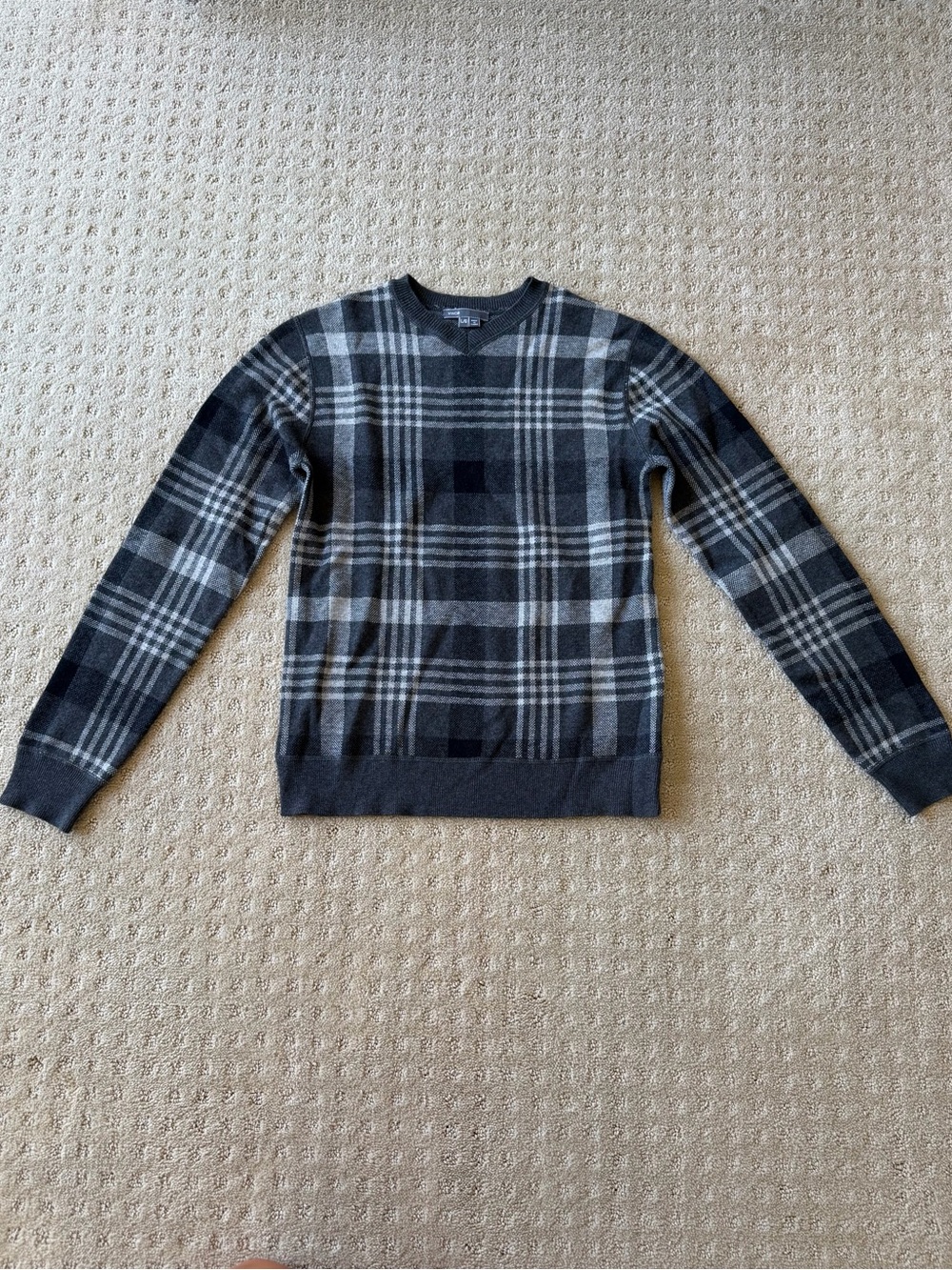 NWOT Boys’ Grey Plaid V-Neck Sweater With Elbow Patched, Size L